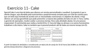 Exercício 11- Cake
Special Cake é uma loja de bolos que oferece um serviço personalizado e saudável. A proposta é que o
cliente chegue, seja atendido pela nutricionista e posteriormente enviado para um Chef de cozinha para
que um bolo seja montado de acordo com as necessidades nutricionais e o objetivo do cliente. A loja
oferece um serviço garantindo que pode preencher a maioria dos pedidos de bolo em até 11 hora. Carlos,
o gerente de operações, resolve avaliar o processo da loja. Para cada atividade abaixo, há uma pessoa
responsável. O nutricionista que realiza a tarefa B tira 11 hora de folga no almoço e os outros funcionários
trabalham o dia inteiro. Sabe-se também que é possível produzir até 66 bolos ao mesmo tempo (em D).
A partir da tabela de atividades e considerando um típico dia de varejo de 10:10 horas (das 8:08hrs as 18:18hrs), o
gerente deseja desenhar o diagrama do processo.
 
