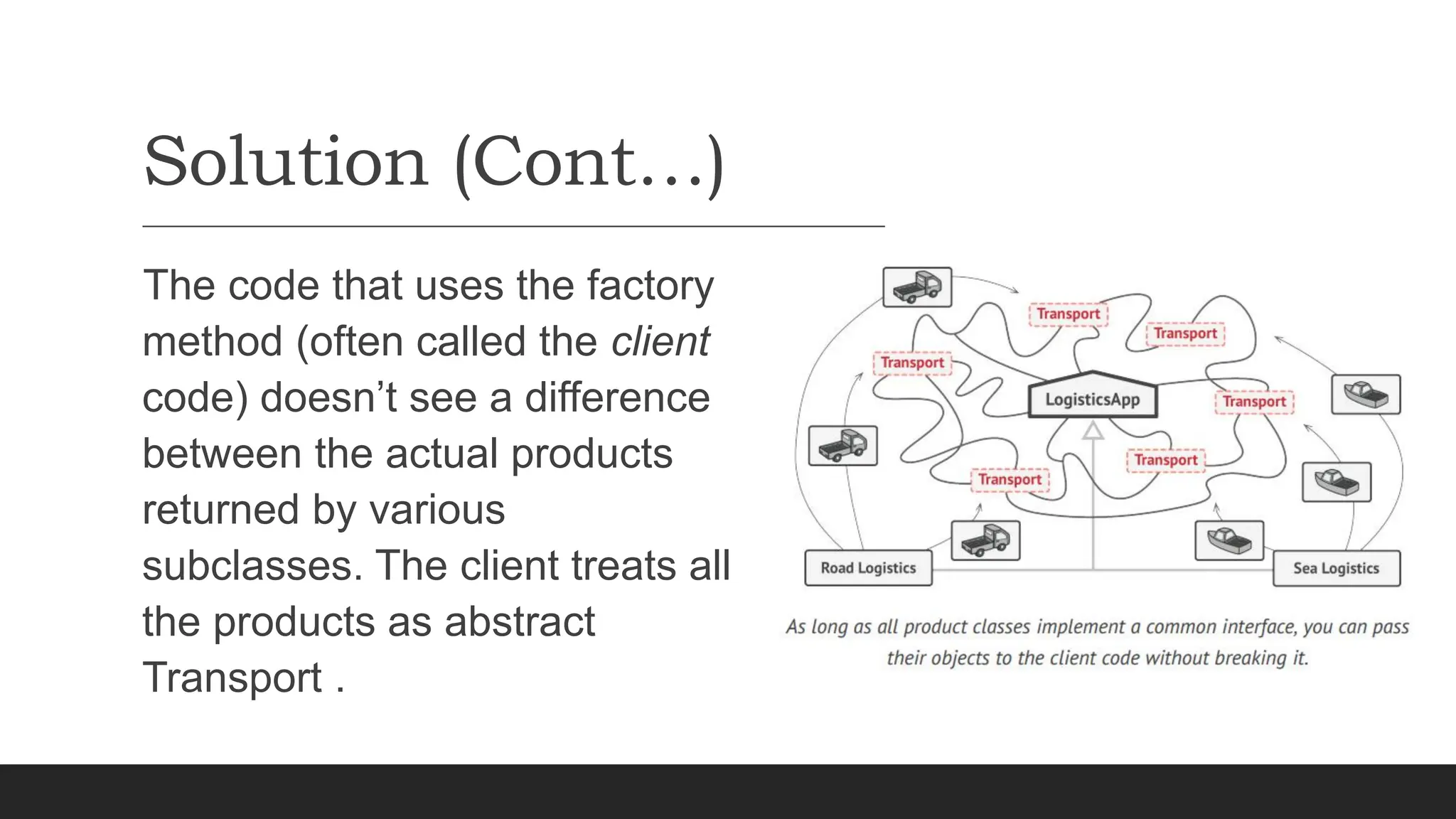 Solution (Cont…)
The code that uses the factory
method (often called the client
code) doesn’t see a difference
between the actual products
returned by various
subclasses. The client treats all
the products as abstract
Transport .
 