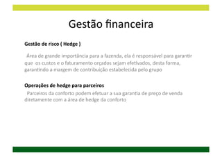 Gestão	
  ﬁnanceira	
  
Gestão	
  de	
  risco	
  (	
  Hedge	
  )	
  

	
  Área	
  de	
  grande	
  importância	
  para	
  a	
  fazenda,	
  ela	
  é	
  responsável	
  para	
  garanDr	
  
que	
  	
  os	
  custos	
  e	
  o	
  faturamento	
  orçados	
  sejam	
  efeDvados,	
  desta	
  forma,	
  
garanDndo	
  a	
  margem	
  de	
  contribuição	
  estabelecida	
  pelo	
  grupo	
  

Operações	
  de	
  hedge	
  para	
  parceiros	
  
	
  	
  Parceiros	
  da	
  conforto	
  podem	
  efetuar	
  a	
  sua	
  garanDa	
  de	
  preço	
  de	
  venda	
  
diretamente	
  com	
  a	
  área	
  de	
  hedge	
  da	
  conforto	
  
 