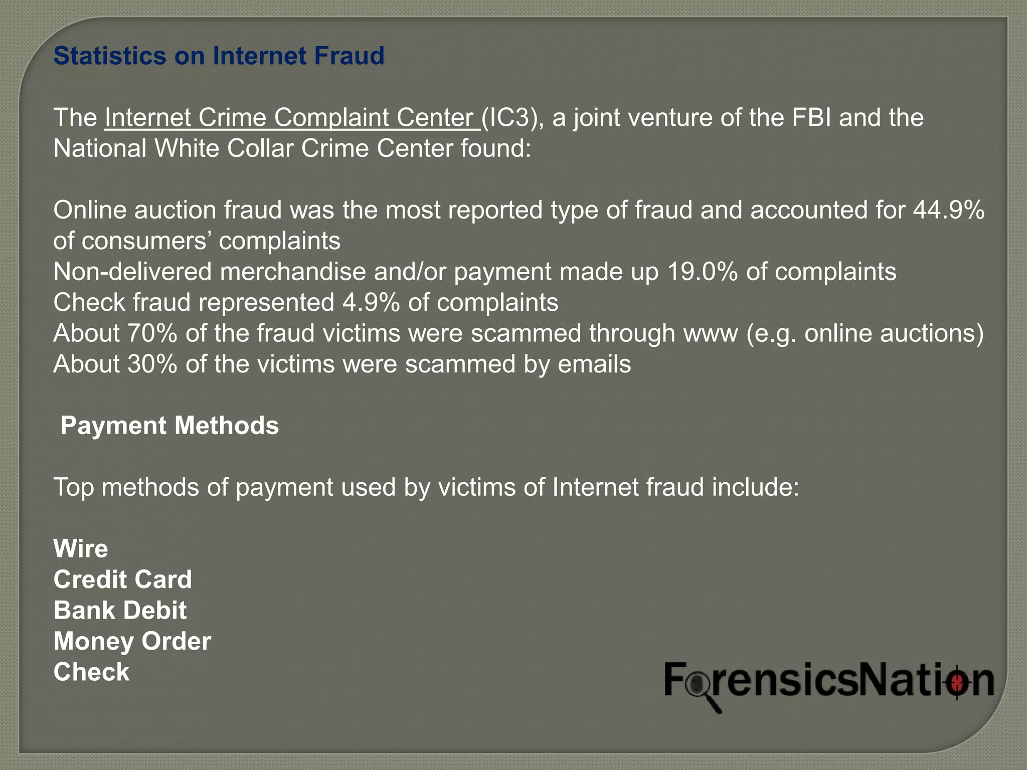 Statistics on Internet Fraud

The Internet Crime Complaint Center (IC3), a joint venture of the FBI and the
National White Collar Crime Center found:

Online auction fraud was the most reported type of fraud and accounted for 44.9%
of consumers’ complaints
Non-delivered merchandise and/or payment made up 19.0% of complaints
Check fraud represented 4.9% of complaints
About 70% of the fraud victims were scammed through www (e.g. online auctions)
About 30% of the victims were scammed by emails

Payment Methods

Top methods of payment used by victims of Internet fraud include:

Wire
Credit Card
Bank Debit
Money Order
Check
 