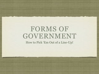 FORMS OF
GOVERNMENT
How to Pick ‘Em Out of a Line-Up!
 