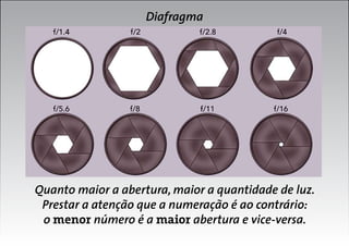 Diafragma

Quanto maior a abertura, maior a quantidade de luz.
Prestar a atenção que a numeração é ao contrário:
o menor número é a maior abertura e vice-versa.

 