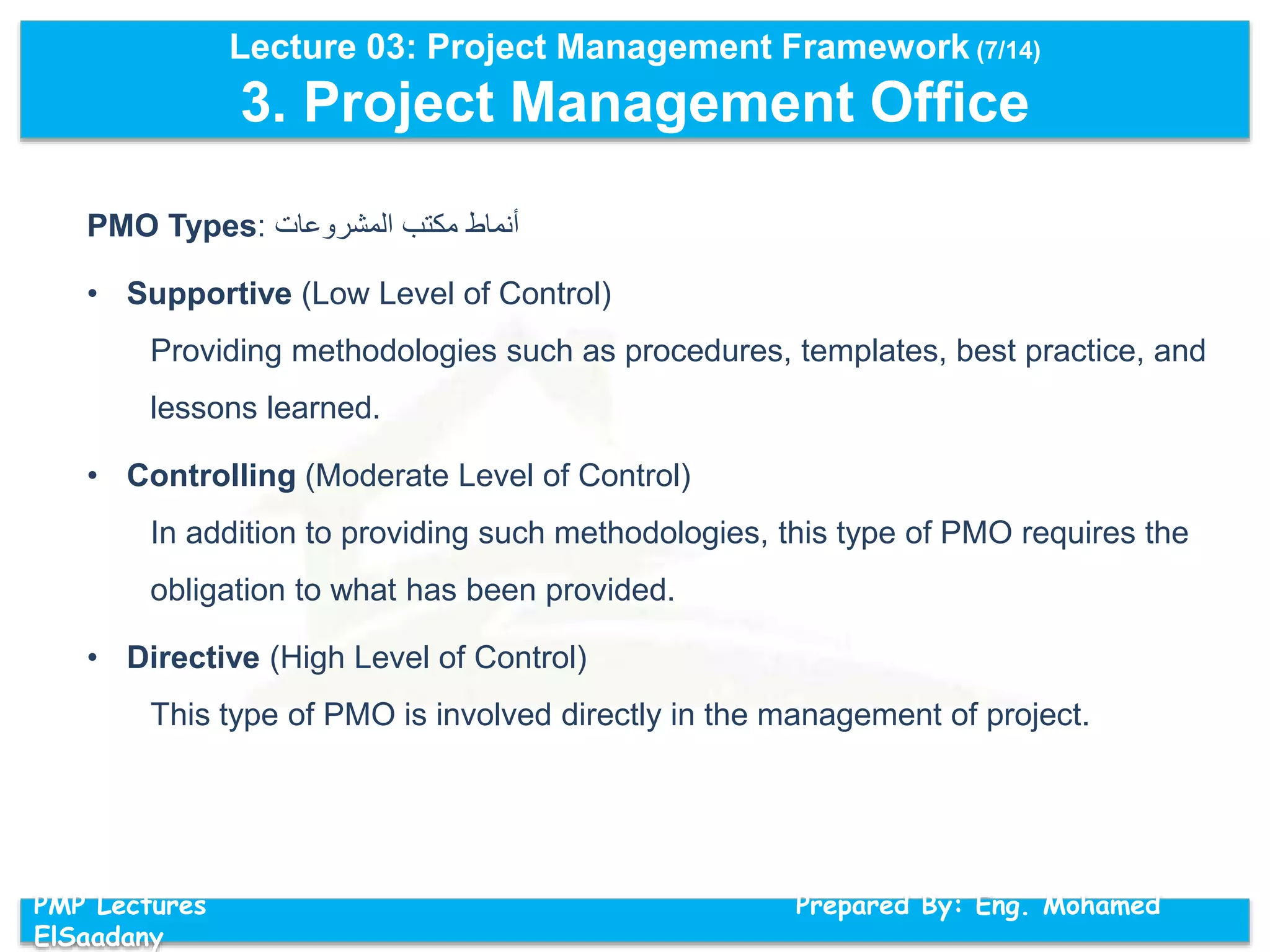 Lecture 03: Project Management Framework (7/14)
3. Project Management Office
PMP Lectures Prepared By: Eng. Mohamed
ElSaadany
PMO Types: ‫أنماط‬‫مكتب‬‫المشروعات‬
• Supportive (Low Level of Control)
Providing methodologies such as procedures, templates, best practice, and
lessons learned.
• Controlling (Moderate Level of Control)
In addition to providing such methodologies, this type of PMO requires the
obligation to what has been provided.
• Directive (High Level of Control)
This type of PMO is involved directly in the management of project.
 