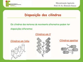 Mecanização Agrícola
Prof. D. Sc. Rômulo Souza
Disposição dos cilindros
Os cilindros dos motores de movimento alternativo podem ter
disposições diferentes
Cilindros em linha
Cilindros em V
Cilindros opostos
 