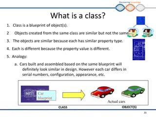 Discovering Knowledge
What is a class?
1. Class is a blueprint of object(s).
2 Objects created from the same class are similar but not the same.
3. The objects are similar because each has similar property type.
4. Each is different because the property value is different.
5. Analogy:
a. Cars built and assembled based on the same blueprint will
definitely look similar in design. However each car differs in
serial numbers, configuration, appearance, etc.
Car
blueprint
Actual cars
CLASS OBJECT(S)
35
 
