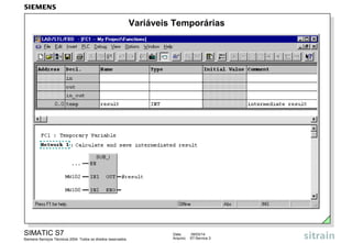 Variáveis Temporárias

SIMATIC S7
Siemens Serviços Técnicos 2004. Todos os direitos reservados.

Data:
Arquivo:

09/03/14
S7-Service.3

 