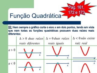 Função Quadrática
III: Nem sempre o gráfico corta o eixo x em dois pontos, tendo em vista
que nem todas as funções quadráticas possuem duas raízes reais
diferentes:
         ∆ > 0 duas raízes ∆ = 0 duas raízes         ∆ < 0 não existe
         reais diferentes   reais iguais              raiz real

a>0
                         x
                                                x                     x

a<0                                             x
                                                                      x

                         x
 