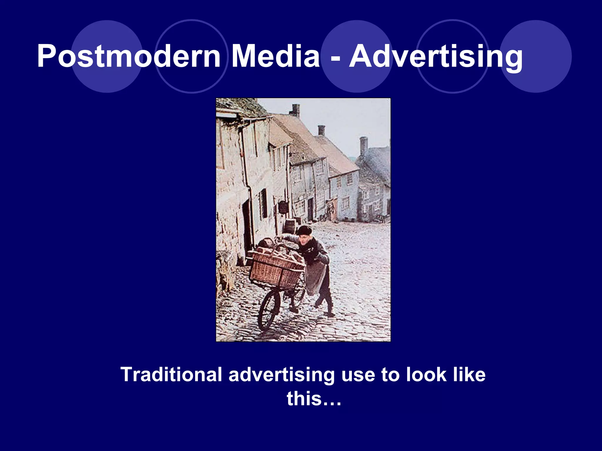 Postmodern Media - Advertising Traditional advertising use to look like this… 