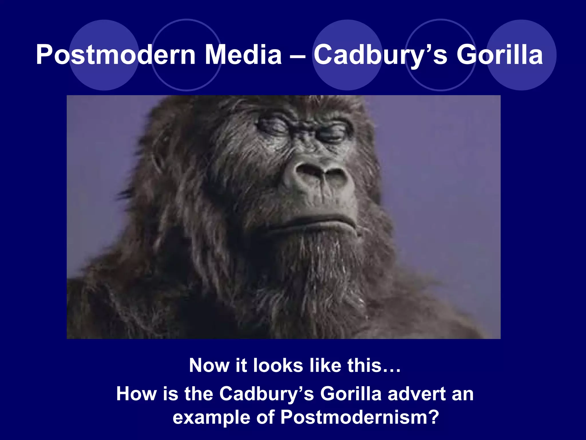 Postmodern Media – Cadbury ’s Gorilla Now it looks like this … How is the Cadbury ’s Gorilla advert an example of Postmodernism? 