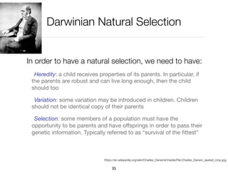 Darwinian Natural Selection
In order to have a natural selection, we need to have:
Heredity: a child receives properties of its parents. In particular, if
the parents are robust and can live long enough, then the child
should too

Variation: some variation may be introduced in children. Children
should not be identical copy of their parents

Selection: some members of a population must have the
opportunity to be parents and have oﬀsprings in order to pass their
genetic information. Typically referred to as “survival of the ﬁttest”
35
https://en.wikipedia.org/wiki/Charles_Darwin#/media/File:Charles_Darwin_seated_crop.jpg
 