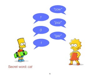 6
Secret word: cat
“cow”
“poz”
“gaz”
1
0
1
 