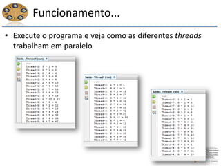 Funcionamento...
• Execute o programa e veja como as diferentes threads
trabalham em paralelo
 