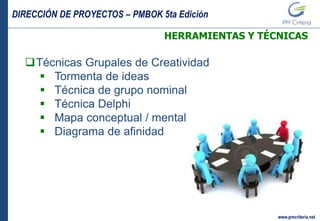 DIRECCIÓN DE PROYECTOS – PMBOK 5ta Edición
www.pmcriteria.net
HERRAMIENTAS Y TÉCNICAS
Técnicas Grupales de Creatividad
 Tormenta de ideas
 Técnica de grupo nominal
 Técnica Delphi
 Mapa conceptual / mental
 Diagrama de afinidad
 