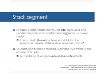 Stack segment
¤ Lo stack è organizzato come una pila, ogni volta che
una funzione viene invocata, viene aggiunto un nuovo
strato
¤ Il nuovo strato (frame) contiene le variabili locali ed i
parametri in ingresso della funzione appena invocata*
¤ Quando una funzione termina, il corrispettivo frame viene
rimosso dalla pila
¤ Le variabili locali vengono automaticamente distrutte
* il frame contiene anche informazioni che
permettono, una volta termina una funzione, che
il controllo ritorni alla funzione chiamante
28
 