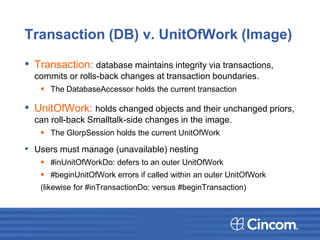 Transaction (DB) v. UnitOfWork (Image)
• Transaction: database maintains integrity via transactions,
commits or rolls-back changes at transaction boundaries.
 The DatabaseAccessor holds the current transaction
• UnitOfWork: holds changed objects and their unchanged priors,
can roll-back Smalltalk-side changes in the image.
 The GlorpSession holds the current UnitOfWork
• Users must manage (unavailable) nesting
 #inUnitOfWorkDo: defers to an outer UnitOfWork
 #beginUnitOfWork errors if called within an outer UnitOfWork
(likewise for #inTransactionDo: versus #beginTransaction)
 