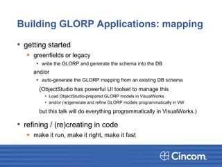 Building GLORP Applications: mapping
• getting started
 greenfields or legacy
• write the GLORP and generate the schema into the DB
and/or
• auto-generate the GLORP mapping from an existing DB schema
(ObjectStudio has powerful UI toolset to manage this
 Load ObjectStudio-prepared GLORP models in VisualWorks
 and/or (re)generate and refine GLORP models programmatically in VW
but this talk will do everything programmatically in VisualWorks.)
• refining / (re)creating in code
 make it run, make it right, make it fast
 