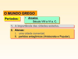 Períodos:Períodos:Períodos:Períodos: • ArcaicoArcaico
Século VIII a VI a. C.Século VIII a VI a. C.
• ArcaicoArcaico
Século VIII a VI a. C.Século VIII a VI a. C.
2.2. Atenas:Atenas:
I.I. uma cidade comercial;uma cidade comercial;
II.II. partidos antagônicos (Aristocrata e Popular);partidos antagônicos (Aristocrata e Popular);
2.2. Atenas:Atenas:
I.I. uma cidade comercial;uma cidade comercial;
II.II. partidos antagônicos (Aristocrata e Popular);partidos antagônicos (Aristocrata e Popular);
1.1. A importância das cidades-estados.A importância das cidades-estados.1.1. A importância das cidades-estados.A importância das cidades-estados.
O MUNDO GREGOO MUNDO GREGO
 