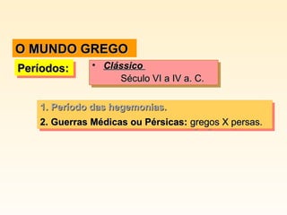 Períodos:Períodos:Períodos:Períodos: • ClássicoClássico
Século VI a IV a. C.Século VI a IV a. C.
• ClássicoClássico
Século VI a IV a. C.Século VI a IV a. C.
1.1. Período das hegemonias.Período das hegemonias.
2.2. Guerras Médicas ou Pérsicas:Guerras Médicas ou Pérsicas: gregos X persas.gregos X persas.
1.1. Período das hegemonias.Período das hegemonias.
2.2. Guerras Médicas ou Pérsicas:Guerras Médicas ou Pérsicas: gregos X persas.gregos X persas.
O MUNDO GREGOO MUNDO GREGO
 