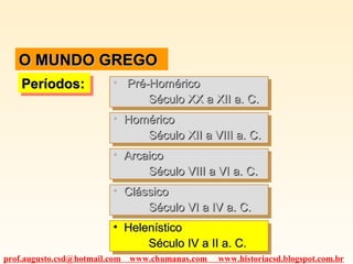 O MUNDO GREGOO MUNDO GREGO
Períodos:Períodos:Períodos:Períodos: • Pré-HoméricoPré-Homérico
Século XX a XII a. C.Século XX a XII a. C.
• Pré-HoméricoPré-Homérico
Século XX a XII a. C.Século XX a XII a. C.
• HoméricoHomérico
Século XII a VIII a. C.Século XII a VIII a. C.
• HoméricoHomérico
Século XII a VIII a. C.Século XII a VIII a. C.
• ArcaicoArcaico
Século VIII a VI a. C.Século VIII a VI a. C.
• ArcaicoArcaico
Século VIII a VI a. C.Século VIII a VI a. C.
• ClássicoClássico
Século VI a IV a. C.Século VI a IV a. C.
• ClássicoClássico
Século VI a IV a. C.Século VI a IV a. C.
• HelenísticoHelenístico
Século IV a II a. C.Século IV a II a. C.
• HelenísticoHelenístico
Século IV a II a. C.Século IV a II a. C.
prof.augusto.csd@hotmail.com www.chumanas.com www.historiacsd.blogspot.com.br
 