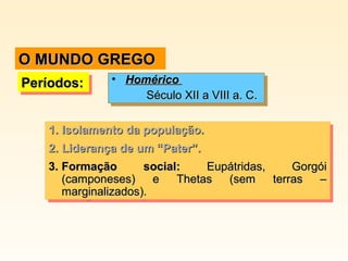 O MUNDO GREGO
Períodos:
Períodos:

•• Homérico
Homérico
Século XII a VIII a. C.
Século XII a VIII a. C.

1. Isolamento da população.
1. Isolamento da população.
2. Liderança de um “Pater”.
2. Liderança de um “Pater”.
3. Formação
social:
Eupátridas,
Gorgói
3. Formação
social:
Eupátridas,
Gorgói
(camponeses)
(camponeses) e
e Thetas
Thetas (sem
(sem terras
terras –
–
marginalizados).
marginalizados).

 
