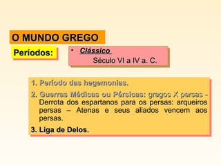 O MUNDO GREGO
Períodos:
Períodos:

•• Clássico
Clássico
Século VI a IV a. C.
Século VI a IV a. C.

1. Período das hegemonias.
1. Período das hegemonias.
2. Guerras Médicas ou Pérsicas: gregos X persas -2. Guerras Médicas ou Pérsicas: gregos X persas
Derrota dos espartanos para os persas: arqueiros
Derrota dos espartanos para os persas: arqueiros
persas – Atenas e seus aliados vencem aos
persas – Atenas e seus aliados vencem aos
persas.
persas.
3. Liga de Delos.
3. Liga de Delos.

 