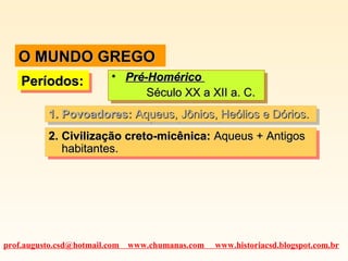 O MUNDO GREGO
Períodos:
Períodos:

•• Pré-Homérico
Pré-Homérico
Século XX a XII a. C.
Século XX a XII a. C.

1. Povoadores: Aqueus, Jônios, Heólios e Dórios.
1. Povoadores: Aqueus, Jônios, Heólios e Dórios.
2. Civilização creto-micênica: Aqueus + Antigos
2. Civilização creto-micênica: Aqueus + Antigos
habitantes.
habitantes.

prof.augusto.csd@hotmail.com www.chumanas.com

www.historiacsd.blogspot.com.br

 