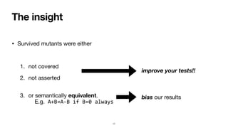 The insight
• Survived mutants were either
1. not covered
2. not asserted
3. or semantically equivalent.
E.g. A+B=A-B if B=0 always
17
improve your tests!!
bias our results
 