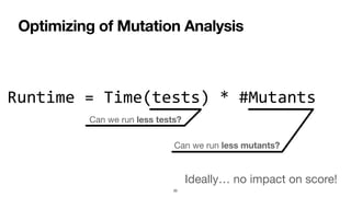 Can we run less mutants?
Can we run less tests?
Optimizing of Mutation Analysis
20
Runtime = Time(tests) * #Mutants
Ideally… no impact on score!
 