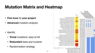 • Fine-tune for your project
• Advanced mutation analysis
• Identify
• Trivial mutations: easy to kill
• Redundant tests and mutants
• Randomization strategy
Mutation Matrix and Heatmap
26
 