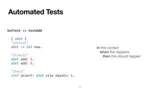 Automated Tests
in this context
when this happens
then this should happen
SetTest >> testAdd
| aSet |
"Context"
aSet := Set new.
“Stimuli"
aSet add: 5.
aSet add: 5.
"Check"
self assert: aSet size equals: 1.
3
 