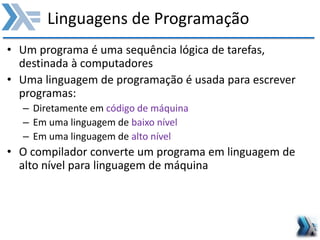 Linguagens de Programação
• Um programa é uma sequência lógica de tarefas,
destinada à computadores
• Uma linguagem de programação é usada para escrever
programas:
– Diretamente em código de máquina
– Em uma linguagem de baixo nível
– Em uma linguagem de alto nível
• O compilador converte um programa em linguagem de
alto nível para linguagem de máquina
 
