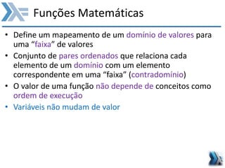 Funções Matemáticas
• Define um mapeamento de um domínio de valores para
uma “faixa” de valores
• Conjunto de pares ordenados que relaciona cada
elemento de um domínio com um elemento
correspondente em uma “faixa” (contradomínio)
• O valor de uma função não depende de conceitos como
ordem de execução
• Variáveis não mudam de valor
 