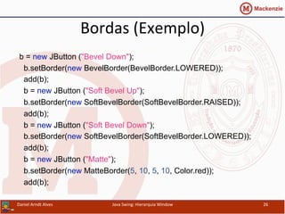 Bordas	
  (Exemplo)	
  
b = new JButton ("Bevel Down");
b.setBorder(new BevelBorder(BevelBorder.LOWERED));
add(b);
b = new JButton ("Soft Bevel Up");
b.setBorder(new SoftBevelBorder(SoftBevelBorder.RAISED));
add(b);
b = new JButton ("Soft Bevel Down");
b.setBorder(new SoftBevelBorder(SoftBevelBorder.LOWERED));
add(b);
b = new JButton ("Matte");
b.setBorder(new MatteBorder(5, 10, 5, 10, Color.red));
add(b);	
  
Daniel	
  Arndt	
  Alves	
   Java	
  Swing:	
  Hierarquia	
  Window	
   26	
  
 
