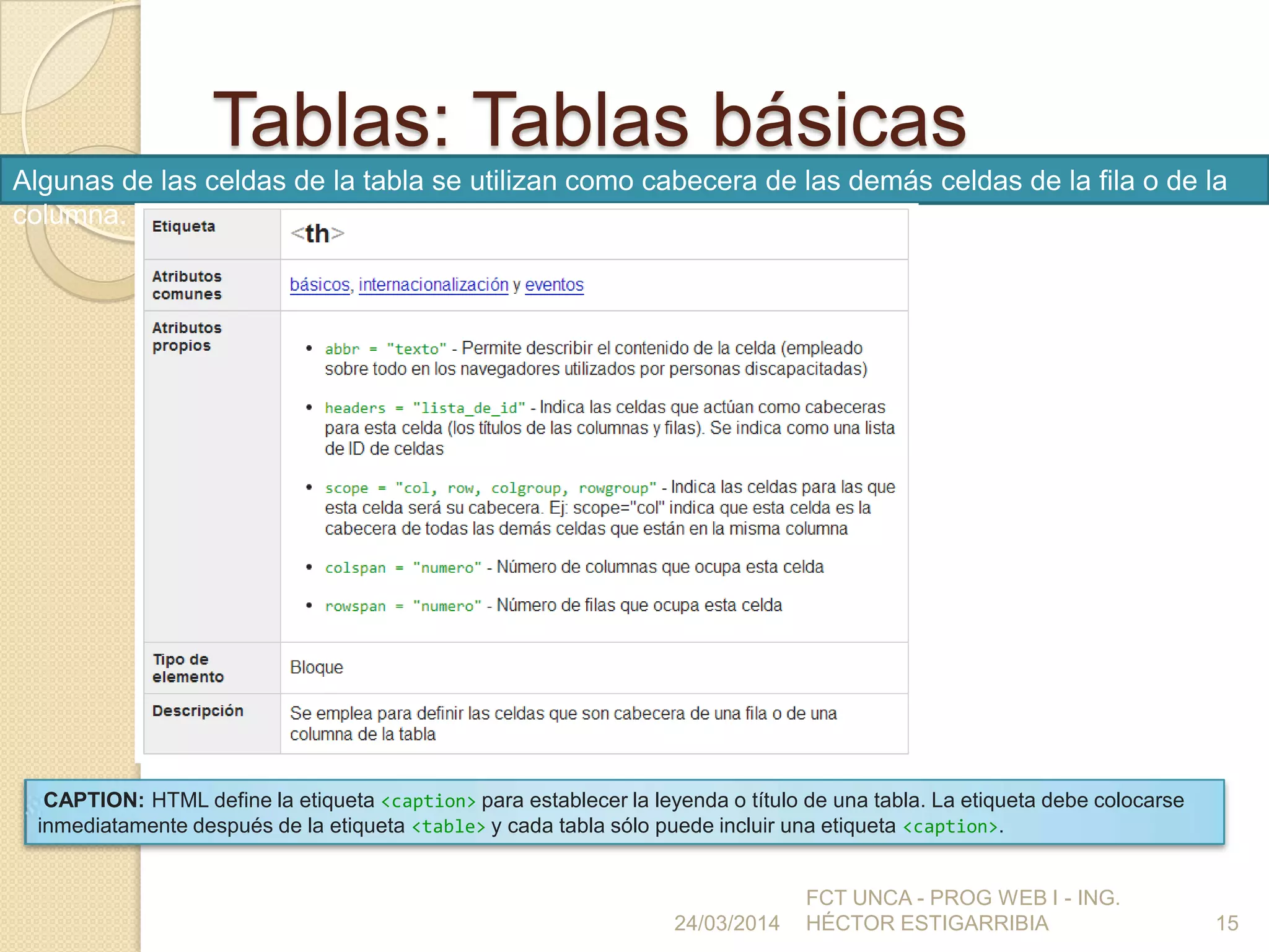Tablas: Tablas básicas
24/03/2014
FCT UNCA - PROG WEB I - ING.
HÉCTOR ESTIGARRIBIA 15
Algunas de las celdas de la tabla se utilizan como cabecera de las demás celdas de la fila o de la
columna.
CAPTION: HTML define la etiqueta <caption> para establecer la leyenda o título de una tabla. La etiqueta debe colocarse
inmediatamente después de la etiqueta <table> y cada tabla sólo puede incluir una etiqueta <caption>.
 
