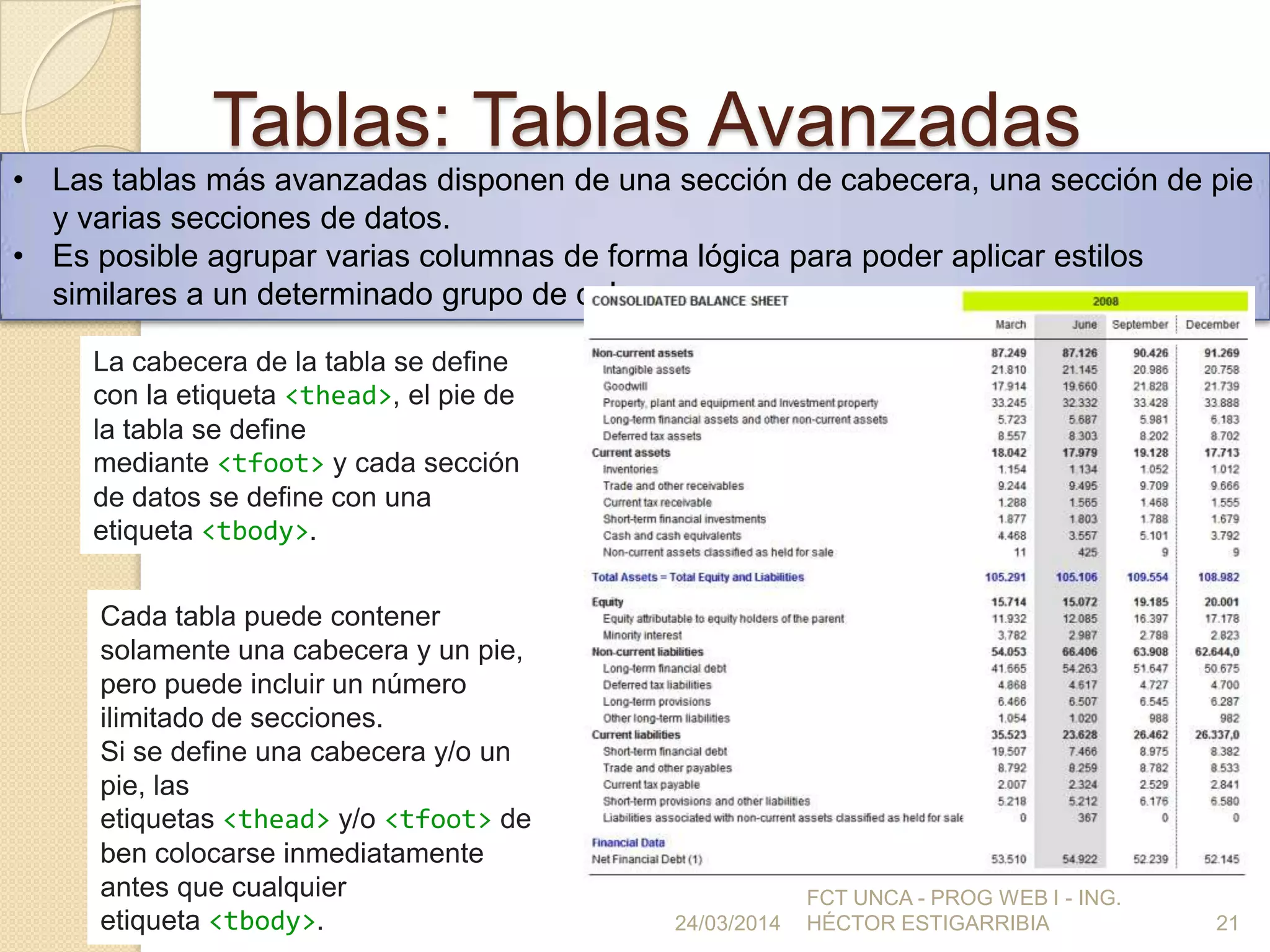 Tablas: Tablas Avanzadas
24/03/2014
FCT UNCA - PROG WEB I - ING.
HÉCTOR ESTIGARRIBIA 21
• Las tablas más avanzadas disponen de una sección de cabecera, una sección de pie
y varias secciones de datos.
• Es posible agrupar varias columnas de forma lógica para poder aplicar estilos
similares a un determinado grupo de columnas.
La cabecera de la tabla se define
con la etiqueta <thead>, el pie de
la tabla se define
mediante <tfoot> y cada sección
de datos se define con una
etiqueta <tbody>.
Cada tabla puede contener
solamente una cabecera y un pie,
pero puede incluir un número
ilimitado de secciones.
Si se define una cabecera y/o un
pie, las
etiquetas <thead> y/o <tfoot> de
ben colocarse inmediatamente
antes que cualquier
etiqueta <tbody>.
 