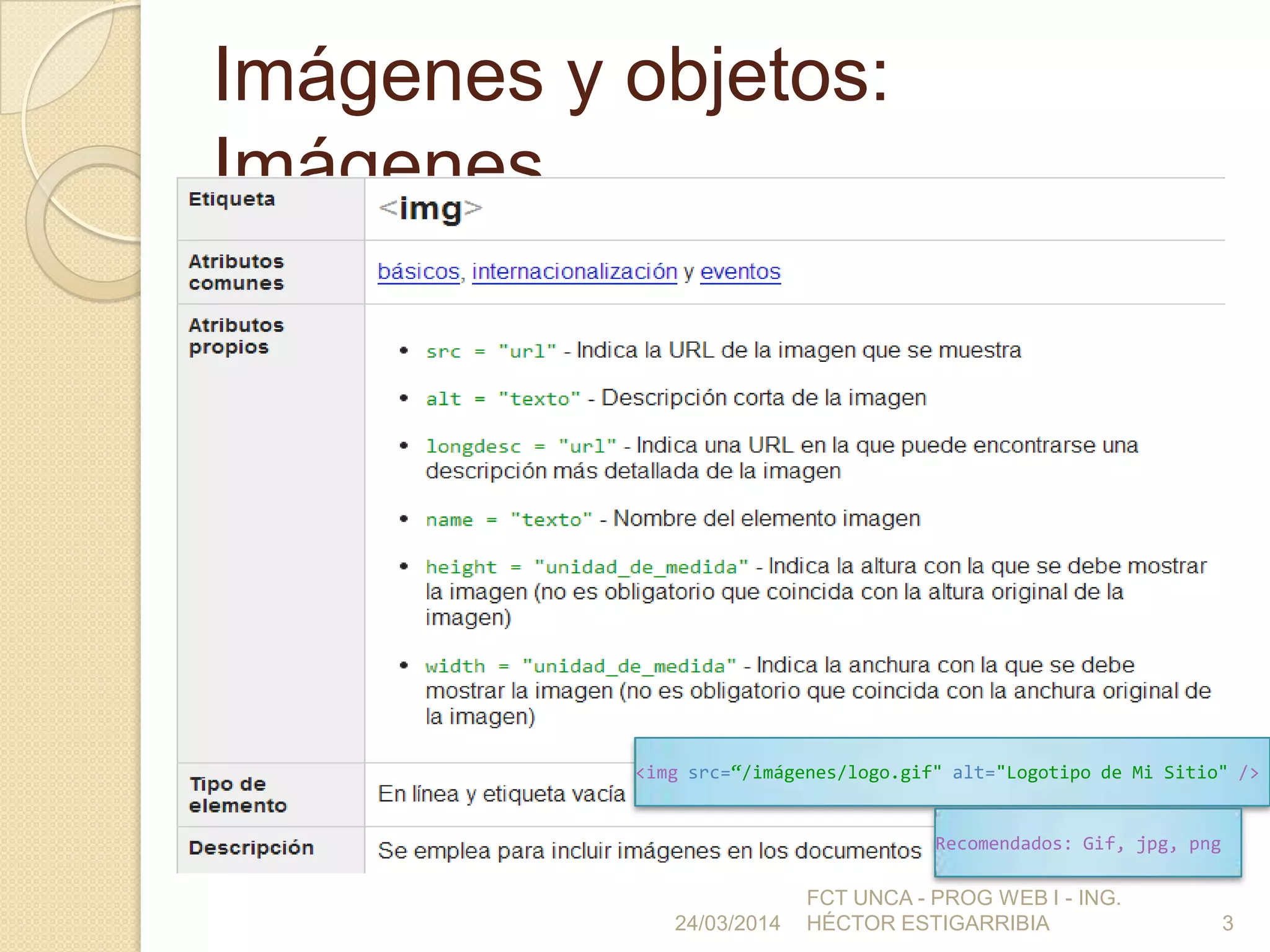 Imágenes y objetos:
Imágenes
24/03/2014
FCT UNCA - PROG WEB I - ING.
HÉCTOR ESTIGARRIBIA 3
<img src=“/imágenes/logo.gif" alt="Logotipo de Mi Sitio" />
Recomendados: Gif, jpg, png
 