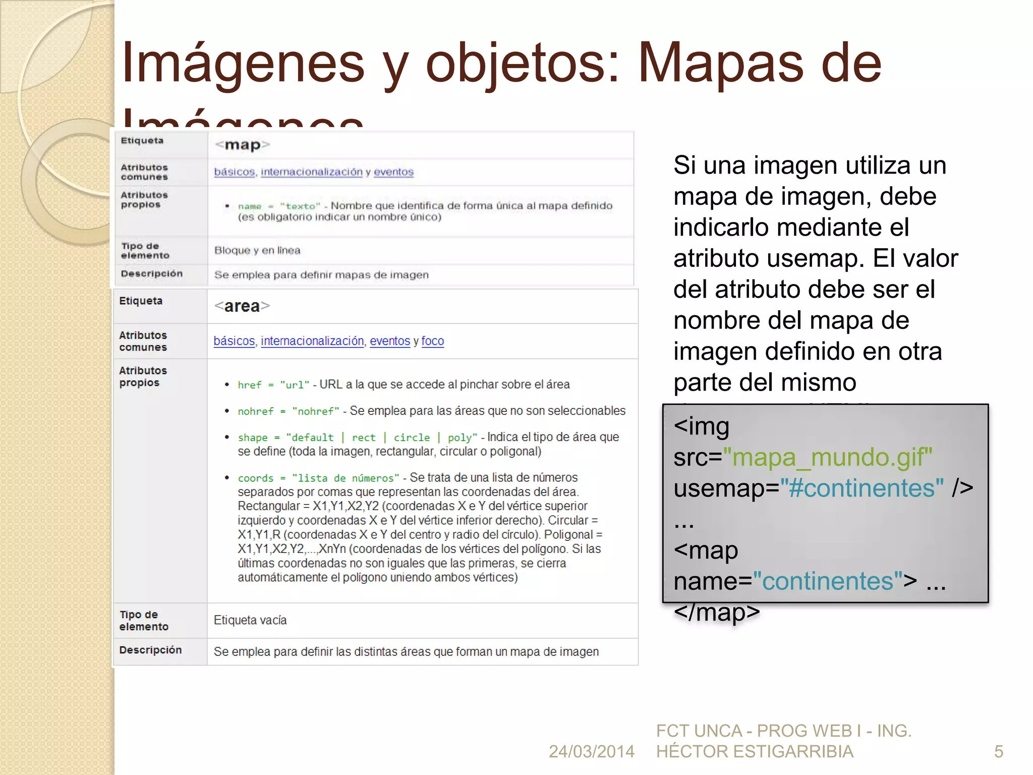 Imágenes y objetos: Mapas de
Imágenes
24/03/2014
FCT UNCA - PROG WEB I - ING.
HÉCTOR ESTIGARRIBIA 5
Si una imagen utiliza un
mapa de imagen, debe
indicarlo mediante el
atributo usemap. El valor
del atributo debe ser el
nombre del mapa de
imagen definido en otra
parte del mismo
documento HTML:<img
src="mapa_mundo.gif"
usemap="#continentes" />
...
<map
name="continentes"> ...
</map>
 