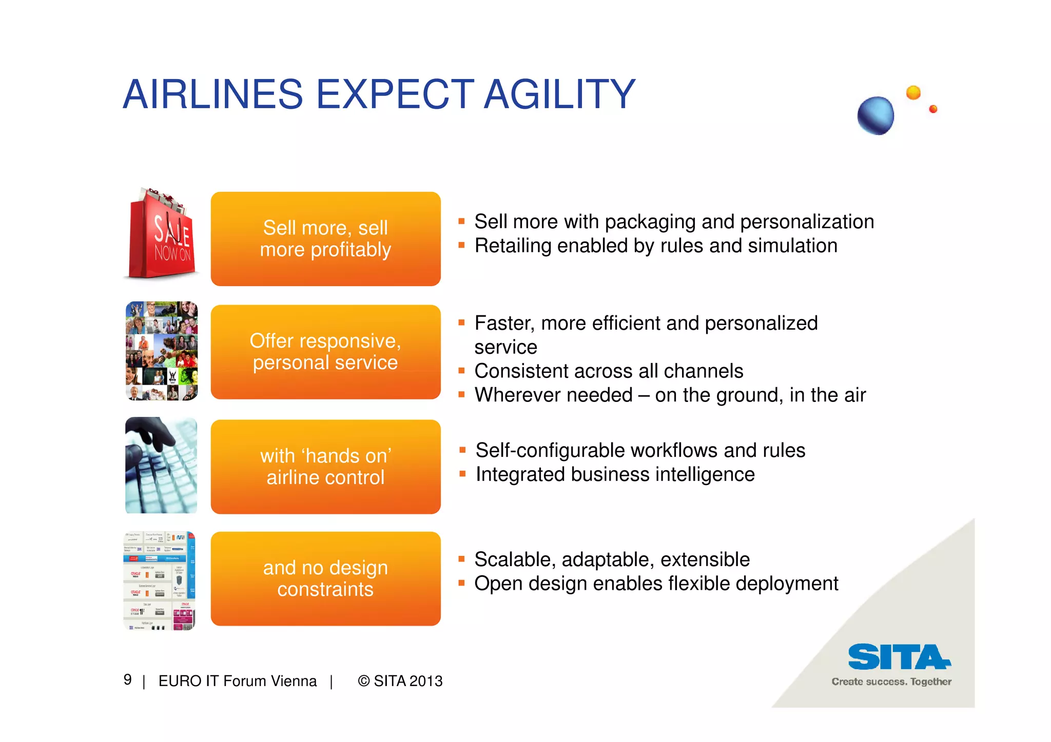 AIRLINES EXPECT AGILITY

Sell more, sell
more profitably

Sell more with packaging and personalization
Retailing enabled by rules and simulation

Offer responsive,
personal service

Faster, more efficient and personalized
service
Consistent across all channels
Wherever needed – on the ground, in the air

with ‘hands on’
airline control

Self-configurable workflows and rules
Integrated business intelligence

and no design
constraints

Scalable, adaptable, extensible
Open design enables flexible deployment

9 | EURO IT Forum Vienna |

© SITA 2013

 