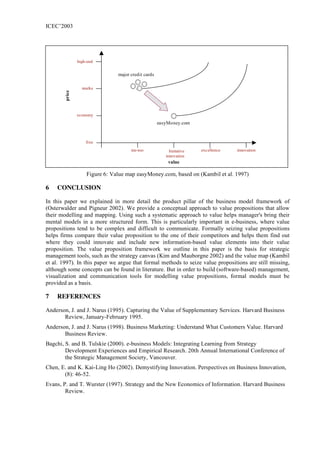 ICEC’2003




               high-end


                               major credit cards

                 marke
       price




                     t




               economy
                                                    easyMoney.com



                   free
                                     me-too              Imitative   excellence   innovation
                                                       innovation
                                                        value

                   Figure 6: Value map easyMoney.com, based on (Kambil et al. 1997)

6   CONCLUSION

In this paper we explained in more detail the product pillar of the business model framework of
(Osterwalder and Pigneur 2002). We provide a conceptual approach to value propositions that allow
their modelling and mapping. Using such a systematic approach to value helps manager's bring their
mental models in a more structured form. This is particularly important in e-business, where value
propositions tend to be complex and difficult to communicate. Formally seizing value propositions
helps firms compare their value proposition to the one of their competitors and helps them find out
where they could innovate and include new information-based value elements into their value
proposition. The value proposition framework we outline in this paper is the basis for strategic
management tools, such as the strategy canvas (Kim and Mauborgne 2002) and the value map (Kambil
et al. 1997). In this paper we argue that formal methods to seize value propositions are still missing,
although some concepts can be found in literature. But in order to build (software-based) management,
visualization and communication tools for modelling value propositions, formal models must be
provided as a basis.

7   REFERENCES

Anderson, J. and J. Narus (1995). Capturing the Value of Supplementary Services. Harvard Business
       Review, January-February 1995.
Anderson, J. and J. Narus (1998). Business Marketing: Understand What Customers Value. Harvard
       Business Review.
Bagchi, S. and B. Tulskie (2000). e-business Models: Integrating Learning from Strategy
        Development Experiences and Empirical Research. 20th Annual International Conference of
        the Strategic Management Society, Vancouver.
Chen, E. and K. Kai-Ling Ho (2002). Demystifying Innovation. Perspectives on Business Innovation,
       (8): 46-52.
Evans, P. and T. Wurster (1997). Strategy and the New Economics of Information. Harvard Business
        Review.
 