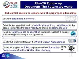 Rio+20 Follow up 
Document The Future we want 
Substantial section on oceans with 20 paragraphs addressing: 
Commitment to protect, restore health, productivity, resilience of the 
ocean; to maintain the biodiversity, to enable sustainable use 
19 
Call for sustainable fisheries 
Need for international cooperation in marine research & transfer 
of technology according to IOC guidelines. 
Call for full implementation of the World Ocean Assessment 
Called for support for SIDS; implementation of Barbados 
Programme of action & Mauritius strategy 
BPO 
A 
 