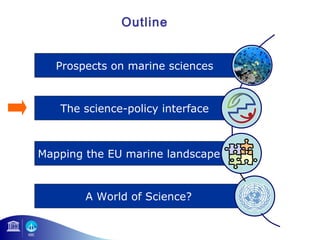Outline 
Prospects on marine sciences 
The science-policy interface 
Mapping the EU marine landscape 
A World of Science? 
 