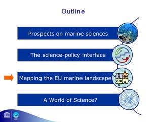 Outline 
Prospects on marine sciences 
The science-policy interface 
Mapping the EU marine landscape 
A World of Science? 
 
