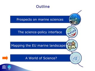 Outline 
Prospects on marine sciences 
The science-policy interface 
Mapping the EU marine landscape 
A World of Science? 
 