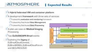 A Hybrid federated VM and container platform
A development framework with three sets of services
Trustworthy evaluation and monitoring framework
Trustworthy Distributed Data Management
Trustworthy Distributed Data Processing
A pilot use case on Medical Imaging
Processing
Two CLOUDSCAPE-Brazil events
Exploiting the legacy of
EUBrazilCloudConnect,
EUBra-BIGSEA, EUBrasilCloudForum
and SECURECLOUD
Expected Results
Trustworthy Data Processing Services (TDPS)
Distributed Trustworthy Data Management Services
(DTDMS)
Cloud & Container Services Management Layer
Applications
Federated Resources
TrustworthinessEvaluation
Platform(TEP)
 