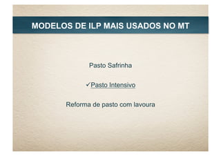 Pasto Safrinha
 Pasto Intensivo
Reforma de pasto com lavoura
MODELOS DE ILP MAIS USADOS NO MT
 