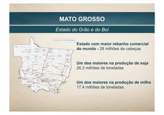 MATO GROSSO
Estado com maior rebanho comercial
do mundo - 28 milhões de cabeças
Um dos maiores na produção de soja
26,3 milhões de toneladas
Um dos maiores na produção de milho
17,4 milhões de toneladas
Estado do Grão e do Boi
 