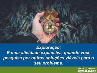 Exploração:
É uma atividade expansiva, quando você
pesquisa por outras soluções viáveis para o
seu problema.
 