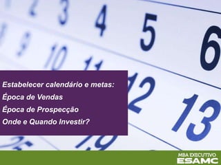 Estabelecer calendário e metas:
Época de Vendas
Época de Prospecção
Onde e Quando Investir?
 