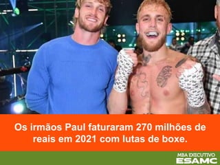 Os irmãos Paul faturaram 270 milhões de
reais em 2021 com lutas de boxe.
 