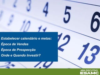 Estabelecer calendário e metas:
Época de Vendas
Época de Prospecção
Onde e Quando Investir?
 